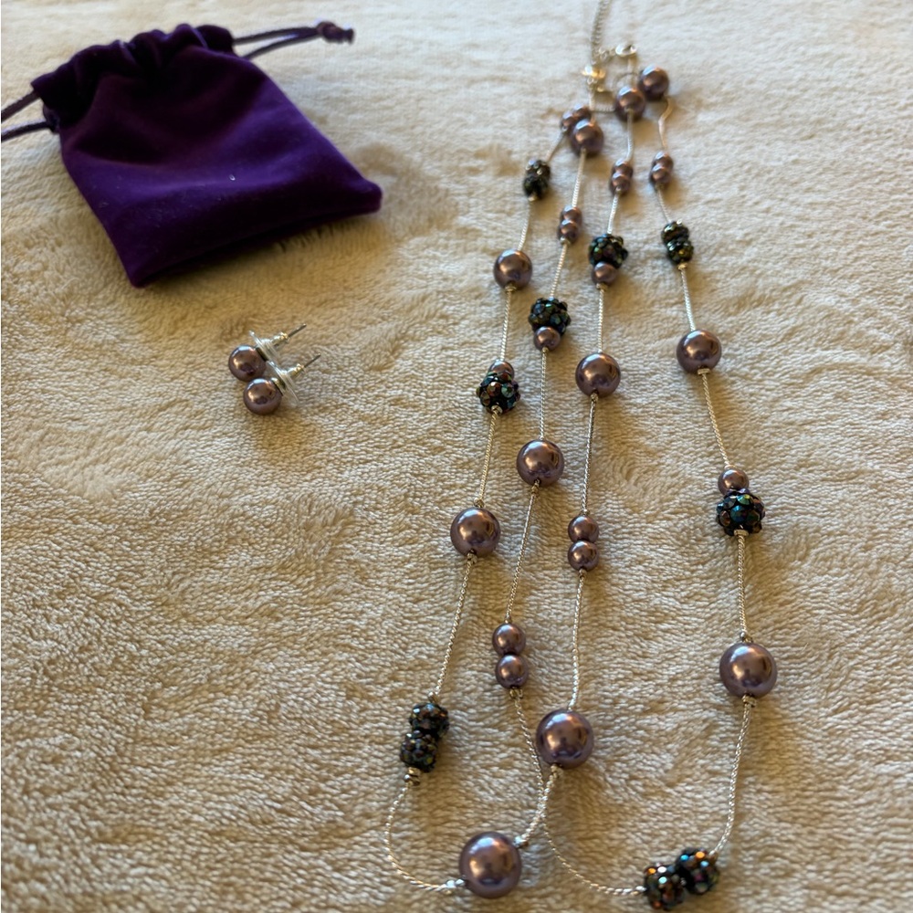 Layered Purple Pearl & Bead Necklace Set with Matching Earrings